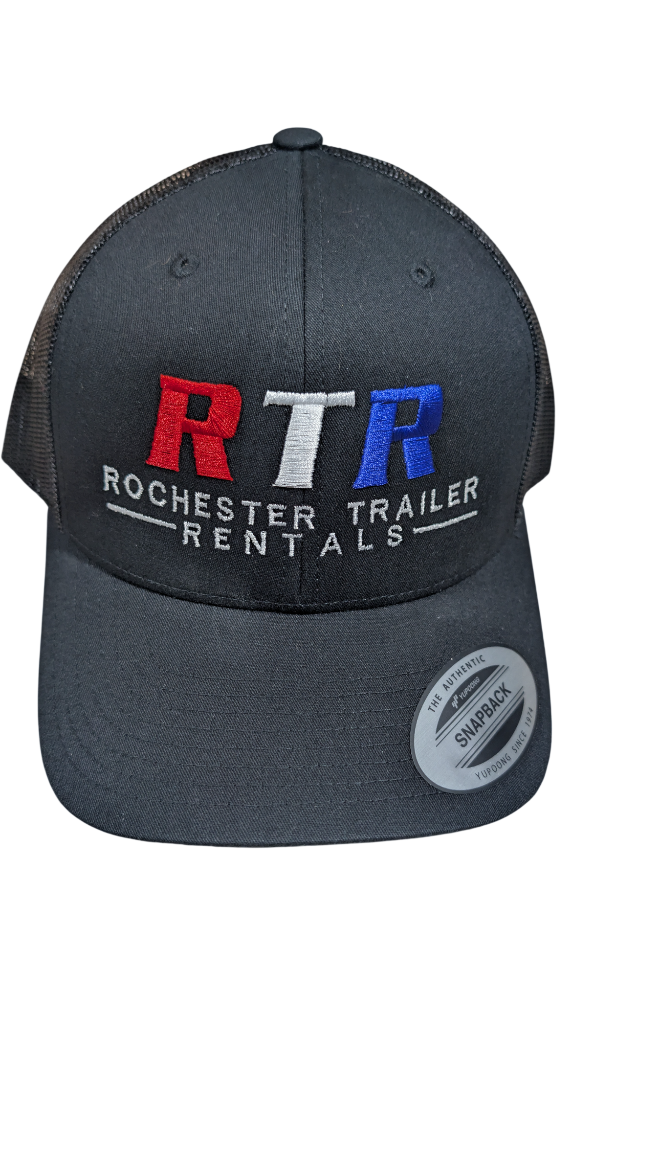 Rochester Trailer Rentals black snapback trucker hat with embroidered RTR logo