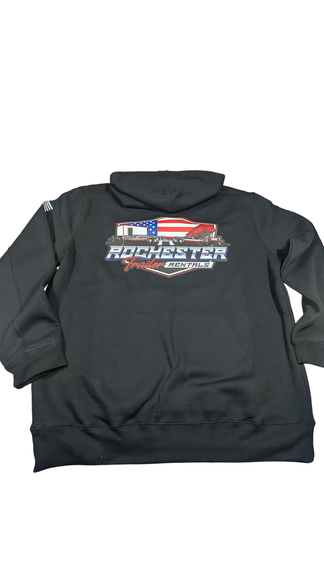 Rochester Trailer Rentals black hoodie with full logo on the back